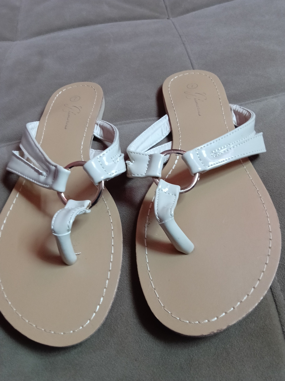 Women's White Patent Toe-Ring Slide Sandals with Silver Ring Accent